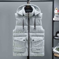 #3627 Black Grey Silver Shiny Surface Mens Warm Vest Thick Waistcoat Men Down Vest Coat Sleeveless Coat Vest For Men With Hooded