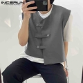 INCERUN Solid Color Men Vests Irregular Button Up Sleeveless 2021 Casual Personality Waistcoats Streetwear Fashion Men Coats 5XL