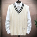 Solid Color Sweater Vest for Men Casual Knitted Sweaters V Neck Men's College Style Loose Vest Sleeveless Sweaters Mens Clot