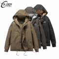 Men's Military Velvet Jacket Fall Winter Fleece Tooling Jeep Coats Thicken Hooded Bomber Jackets Male Quality Printing Coat