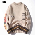 HMZ Van Gogh Sleeve Patchwork Pullover Knit Sweater Mens Hip Hop Embroidery Pullover Crewneck Knitwear Sweaters Streetwear Tops|