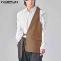 2021 Men Irregular Vests Solid Color Lapel Sleeveless Lace Up Streetwear Casual Waistcoats Fashion Men Jackets S 5XL INCERUN 7|V