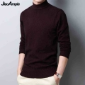 Men's Autumn Winter Soft Warm Knitted Sweater Classic Joker Solid Black Mock Neck Long Sleeve Pullovers Man Fashion Casual T