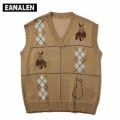 Harajuku embroidery rhombus rabbit knitted sweater vest men oversized sleeveless pullover women vintage hip hop Fashion Street|V